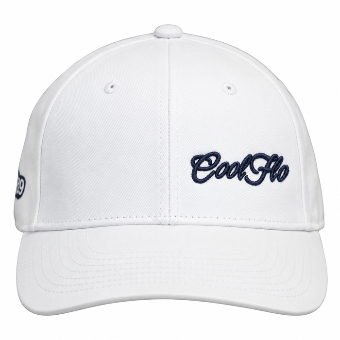 Front view of a Cool Flo White baseball cap featuring an embroidered Mini Script logo positioned on the front left panel.