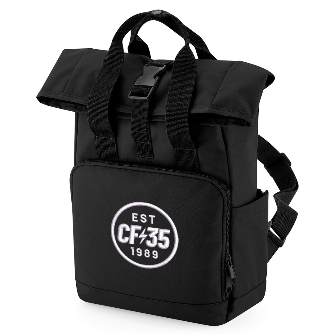 CF35 black rolltop backpack with embroidered white CF35 anniversary logo on front pocket