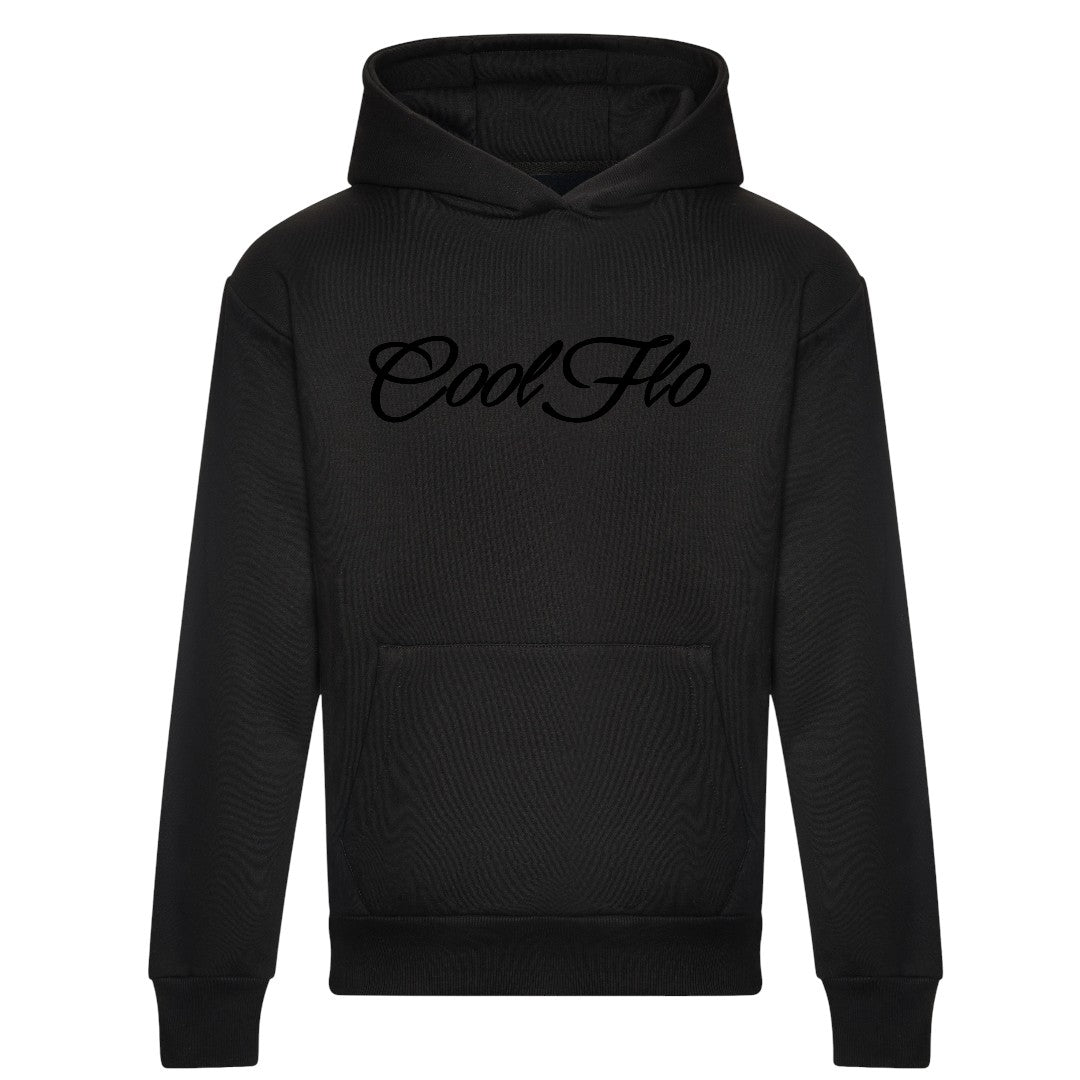 Cool Flo black heavyweight hoody with a 3D high build embroidery script logo.
