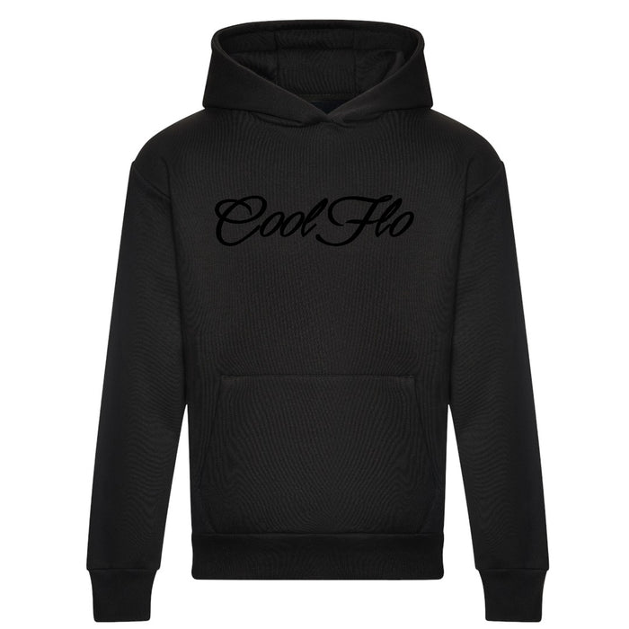 Cool Flo black heavyweight hoody with a 3D high build embroidery script logo.