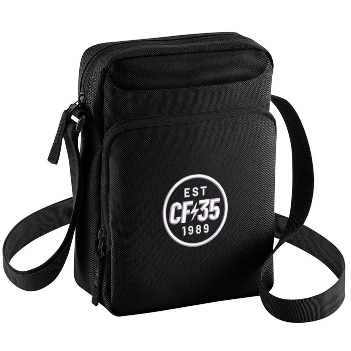 CF35 black cross body bag with white CF35 logo printed on the front