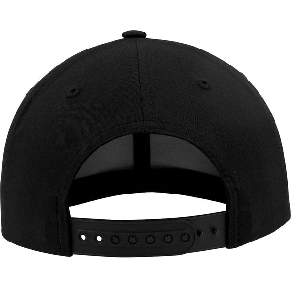 Rear view of black baseball cap with snap adjuster for the perfect fit.