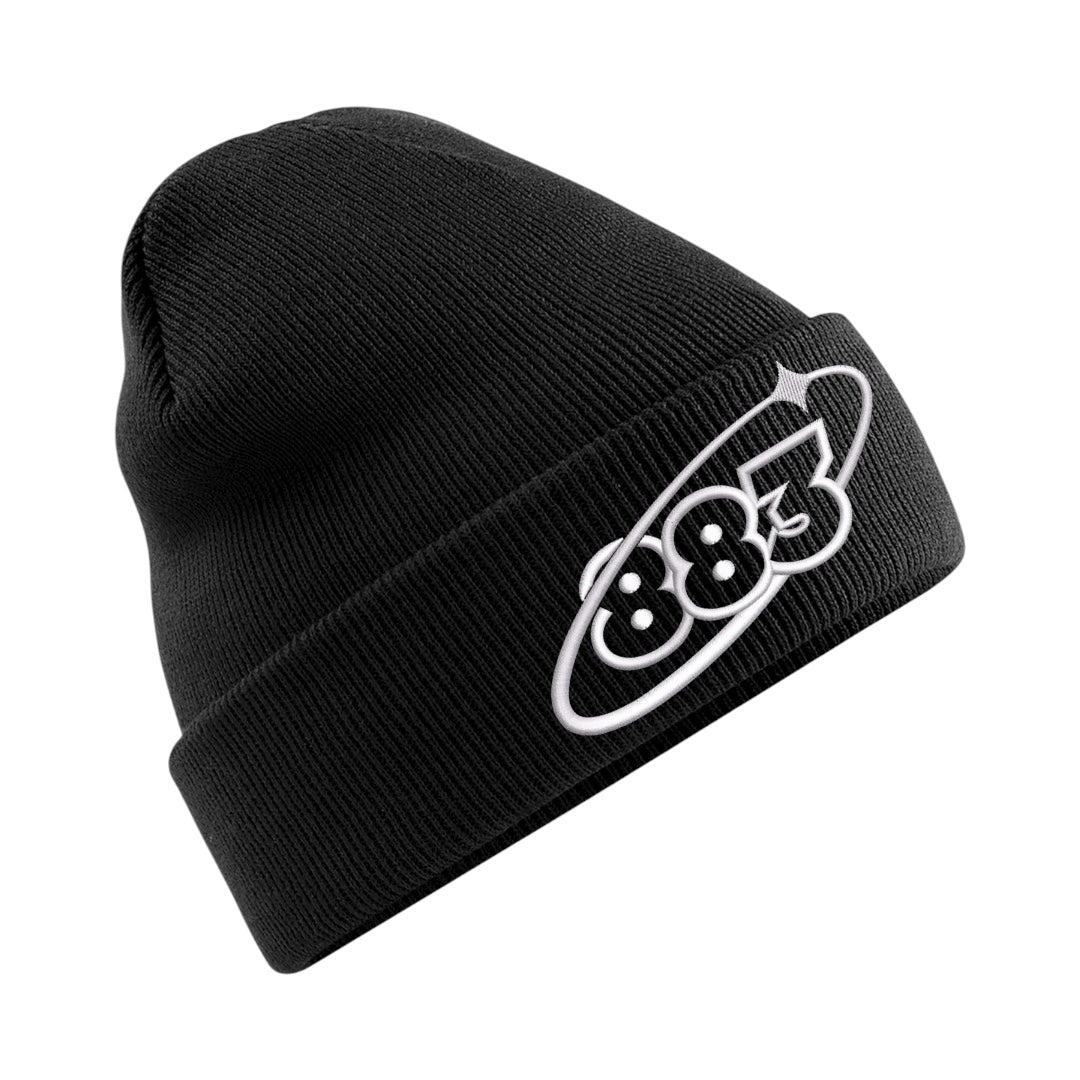 Centreforce black beanie hat with an embroidered Orbit 883 white logo on the cuff.