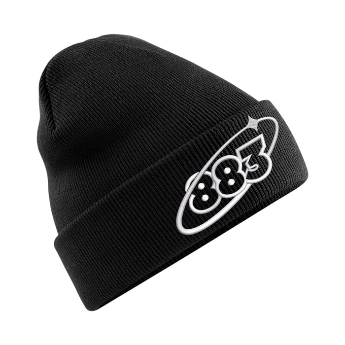 Centreforce black beanie hat with an embroidered Orbit 883 white logo on the cuff.