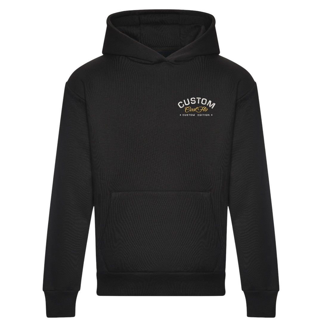 Cool Flo Custom Edition Pullover Hoody in Black with custom silver embroidery and yellow logo on left chest. 