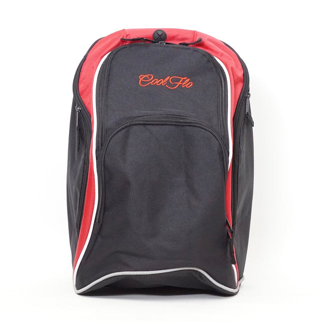 Black and Red sports backpack with embroidered red Cool Flo logo on the front