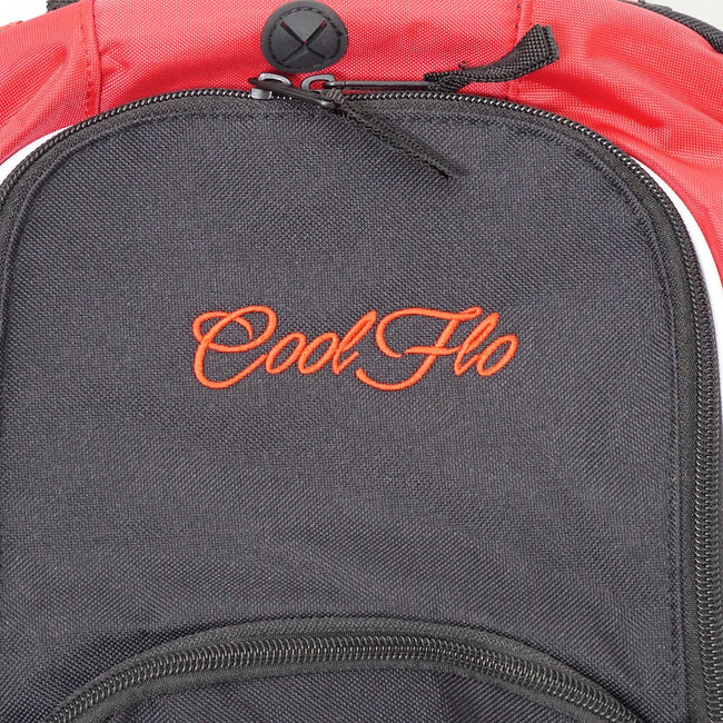 Close-up of Black and Red sports backpack with embroidered red Cool Flo logo on the front