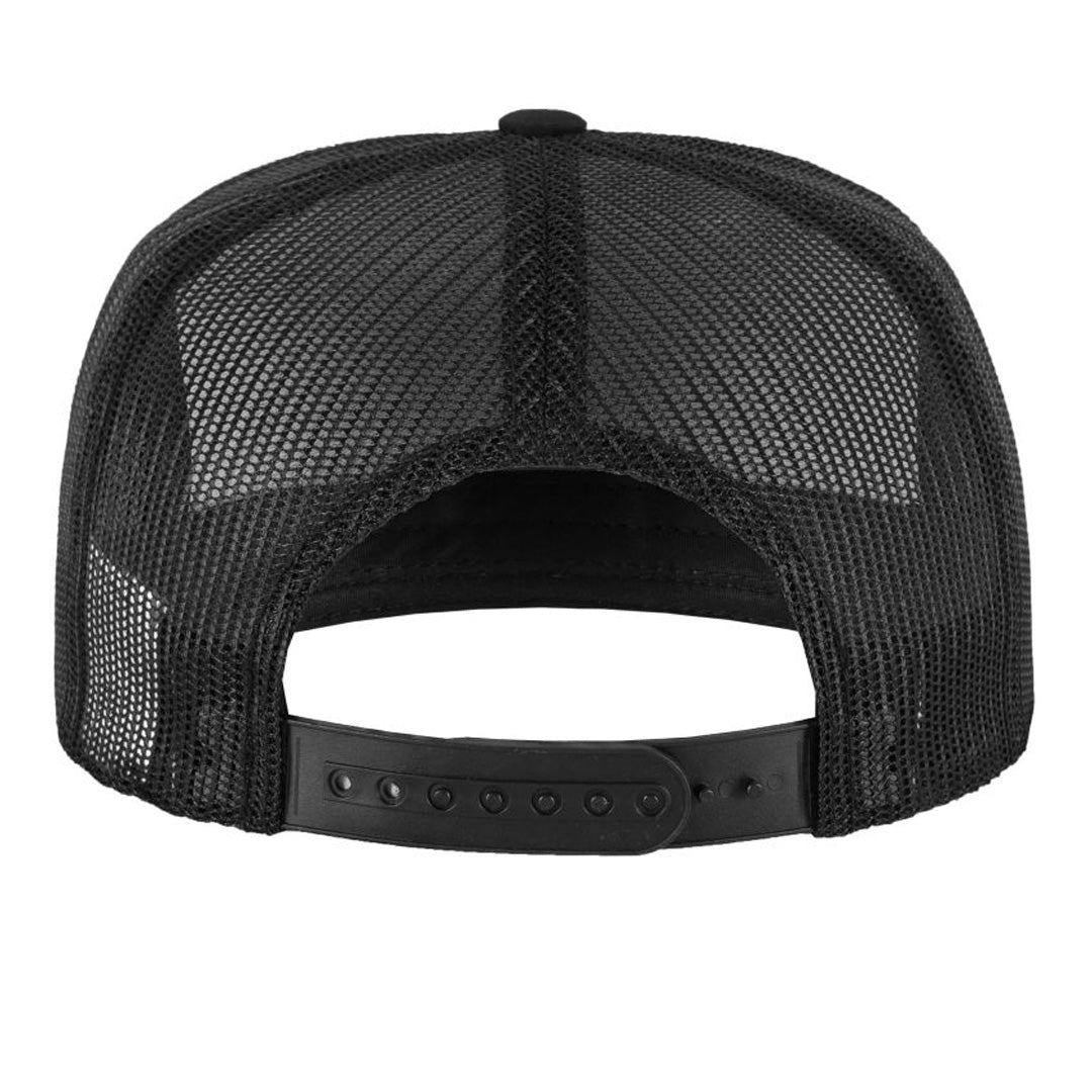 Rear view of black retro trucker with snap adjuster for the perfect fit.