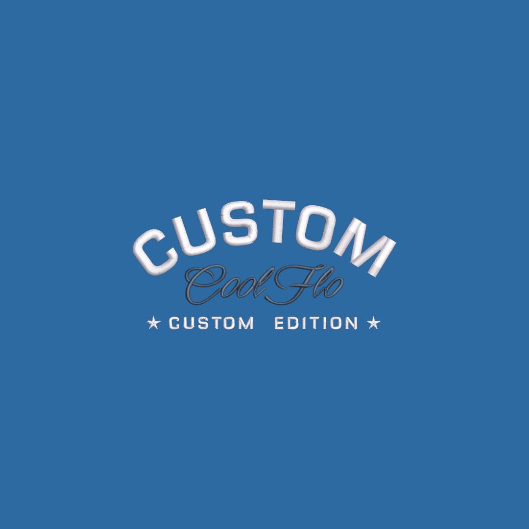 Close-up of left-chest silver embroidery and burgundy logo for Cool Flo Custom Edition Blue Sweatshirt.