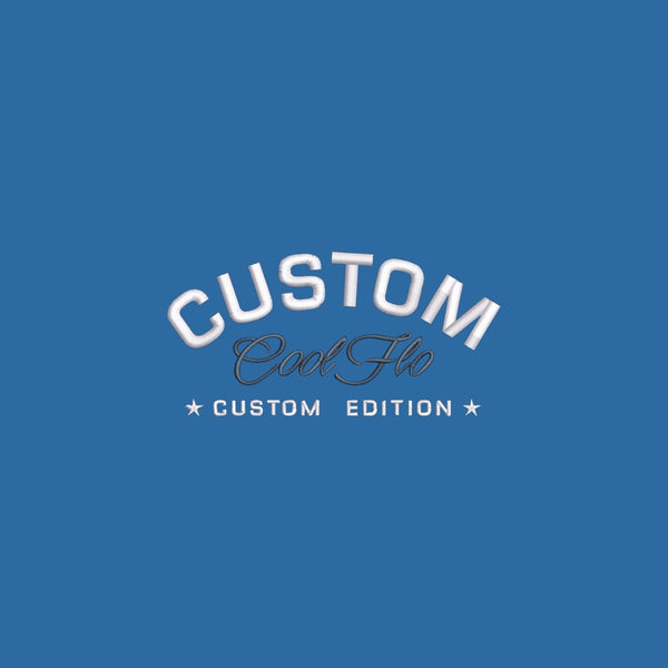 Close-up of left-chest silver embroidery and burgundy logo for Cool Flo Custom Edition Blue Sweatshirt.