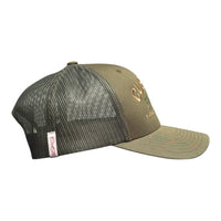 Cool Flo Custom Edition Buck Trucker Cap with bronze custom embroidery and tonal green logo, side view.