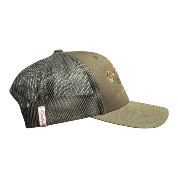 Cool Flo Custom Edition Buck Trucker Cap with bronze custom embroidery and tonal green logo, side view.