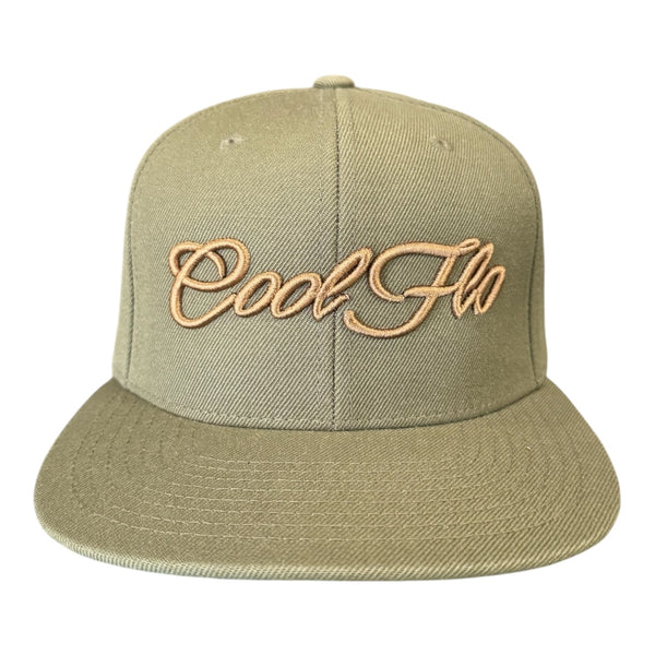 Buck-green snapback cap with bronze 3D embroidered Cool Flo script logo on the front.