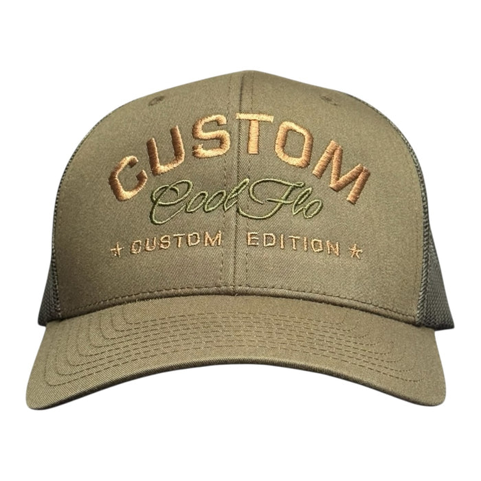 Cool Flo Custom Edition Buck Trucker Cap with bronze custom embroidery and tonal green logo, front view.
