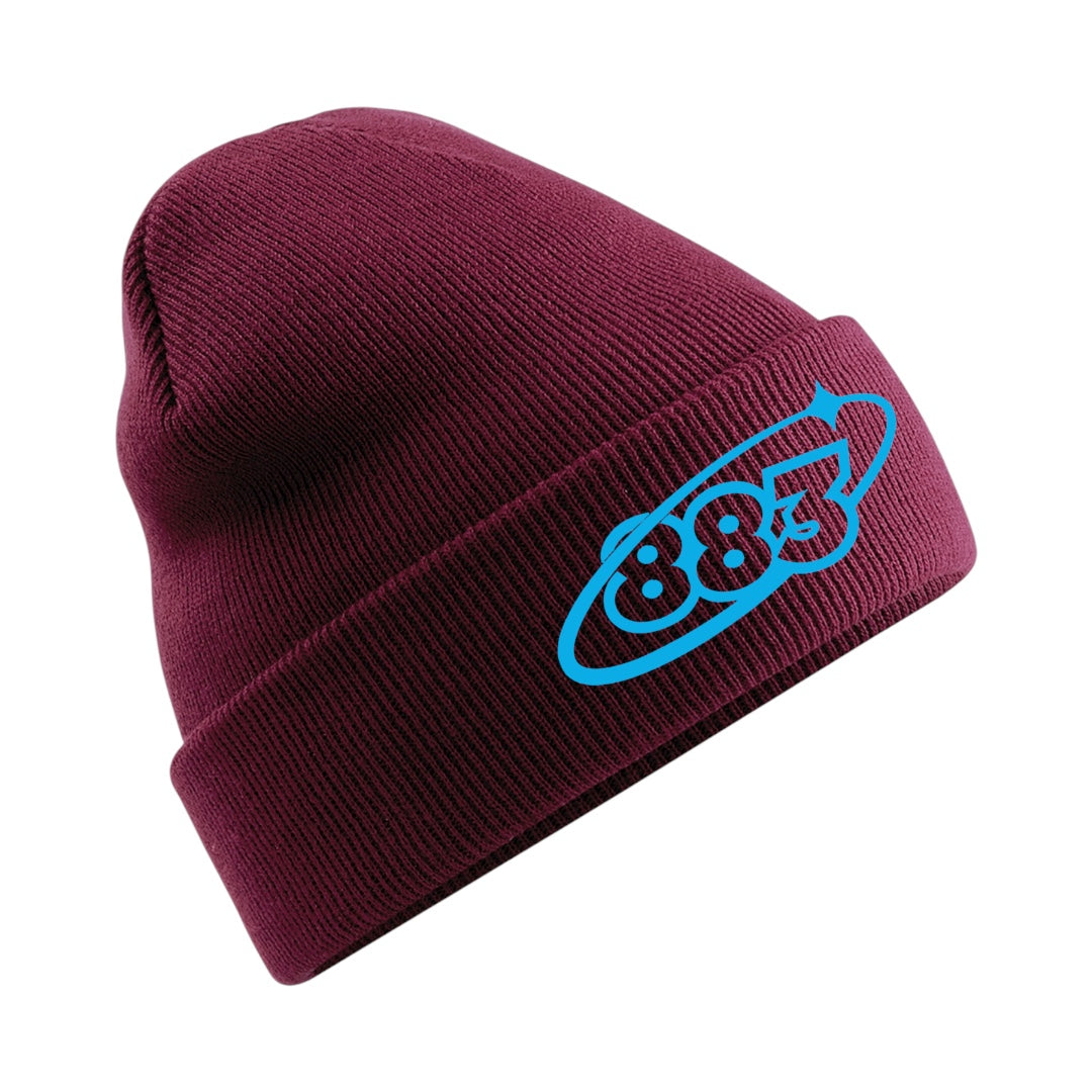 Centreforce burgundy beanie hat with an embroidered Orbit 883 blue logo on the cuff.
