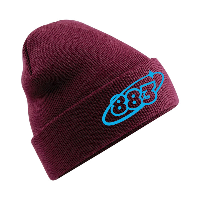 Centreforce burgundy beanie hat with an embroidered Orbit 883 blue logo on the cuff.