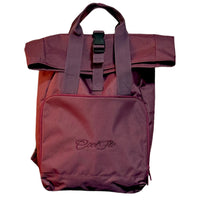 Burgundy roll-top back pack with Cool Flo logo embroidered on front pocket in complimentary tonal colour