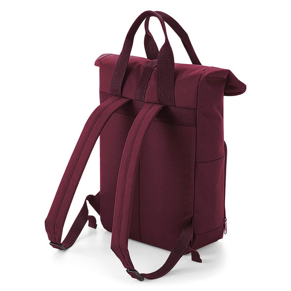 Reverse shot of Burgundy roll-top back pack with Cool Flo logo embroidered on front pocket in complimentary tonal colour