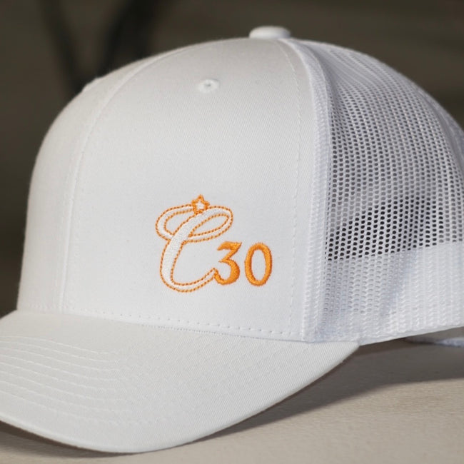 C30 White Clockwork Orange trucker cap - close-up of embroidery