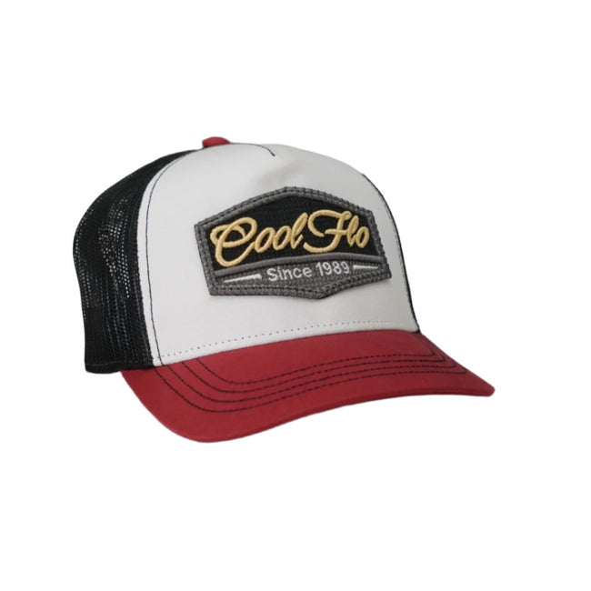 red, white and black trucker with 3D Cool Flo badge sewn on the front.