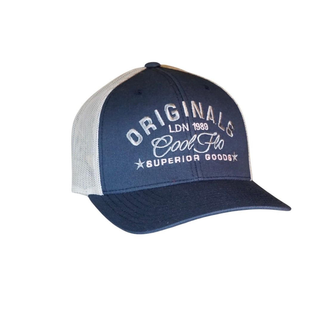 Cool Flo navy and silver/grey trucker cap with silver/grey and pink embroidered 'Originals' design.