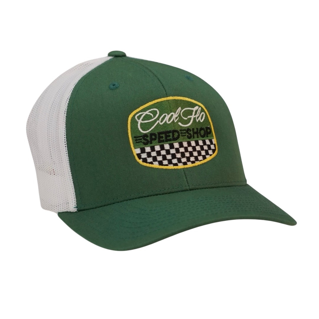 Cool Flo green and white trucker cap with  logo and Speed Shop chequered design in green, yellow, black and white embroidery.