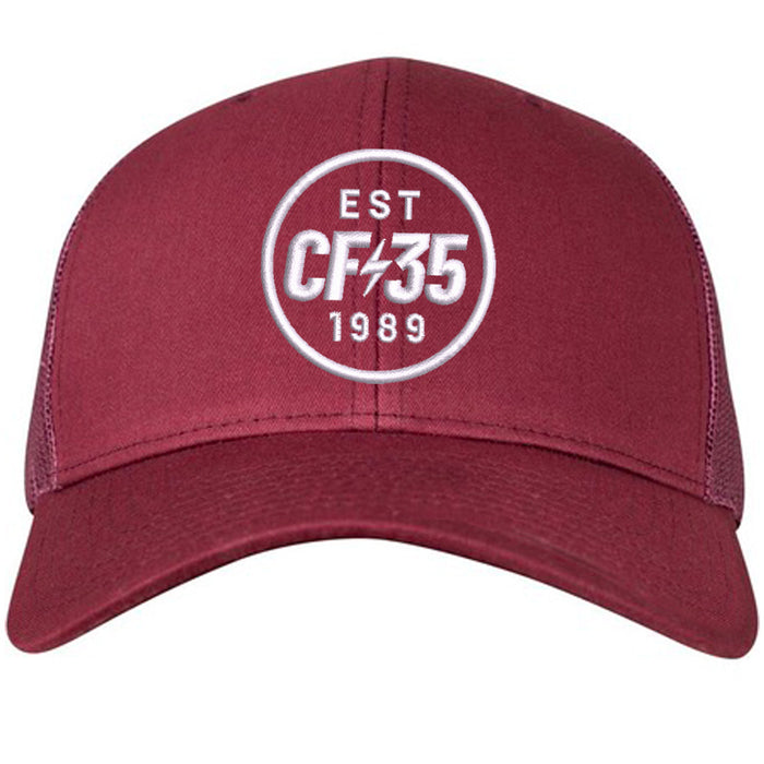 CF35 maroon trucker cap with white CF35 logo on the front.