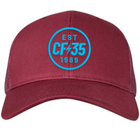 CF35 maroon trucker cap with blue CF35 embroidered logo on front.