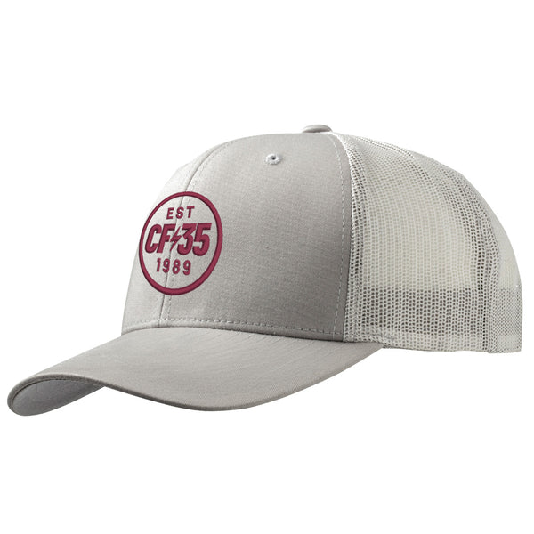 CF35 silver trucker cap with maroon CF35 embroidered logo.