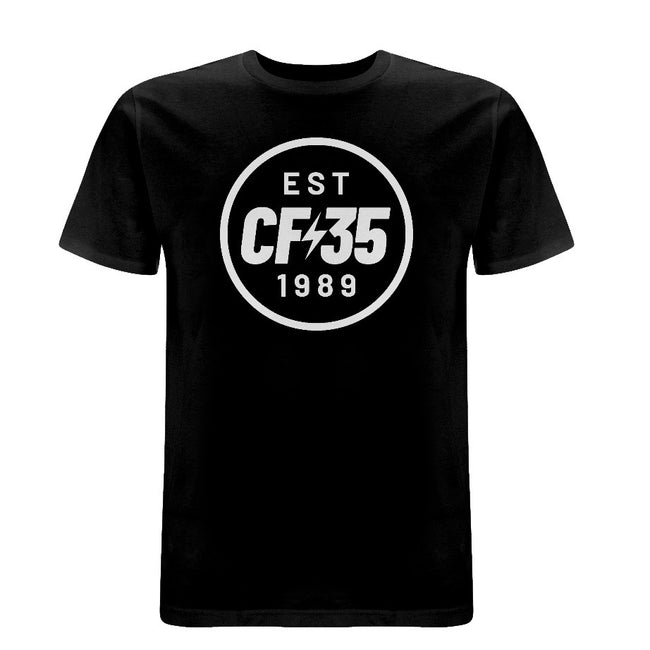 CF35 black t-shirt with white anniversary logo printed on the front