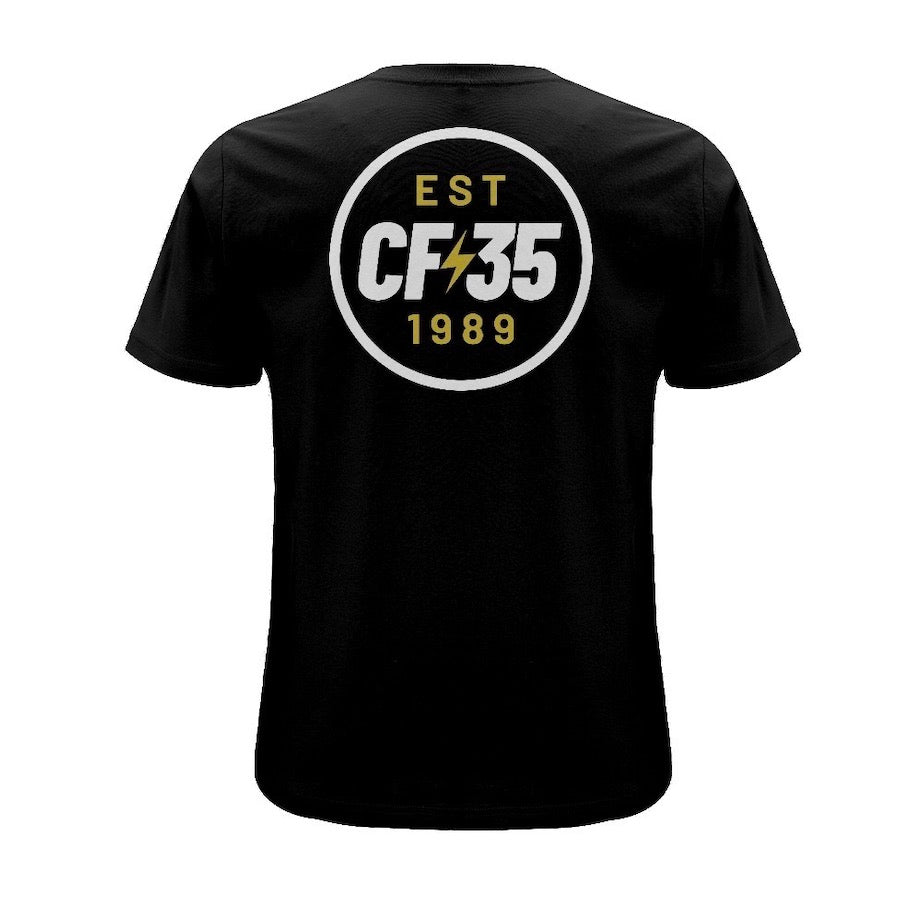 CF35 Two-colour double-print tee. Black t-shirt with white and yellow/gold anniversary print on front and back.