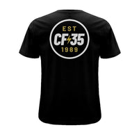 CF35 Two-colour double-print tee. Black t-shirt with white and yellow/gold anniversary print on front and back.