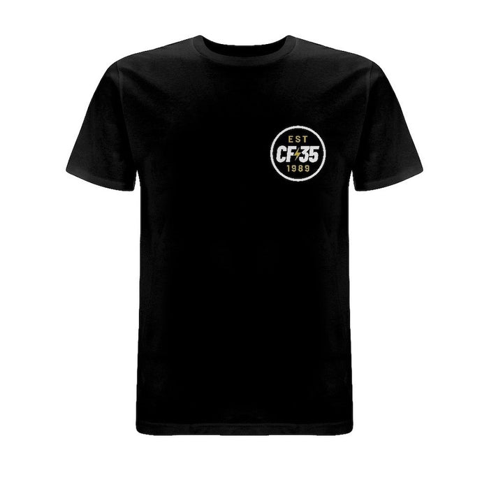 CF35 Two-colour double-print tee. Black t-shirt with white and yellow/gold anniversary print on front and back.