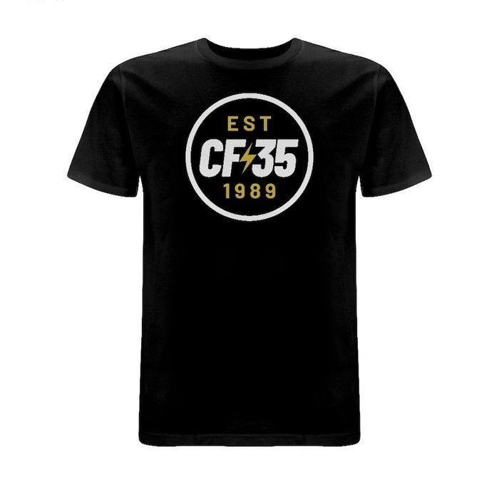 CF35 Two-colour tee. Black t-shirt with white and yellow/gold anniversary print on front. 