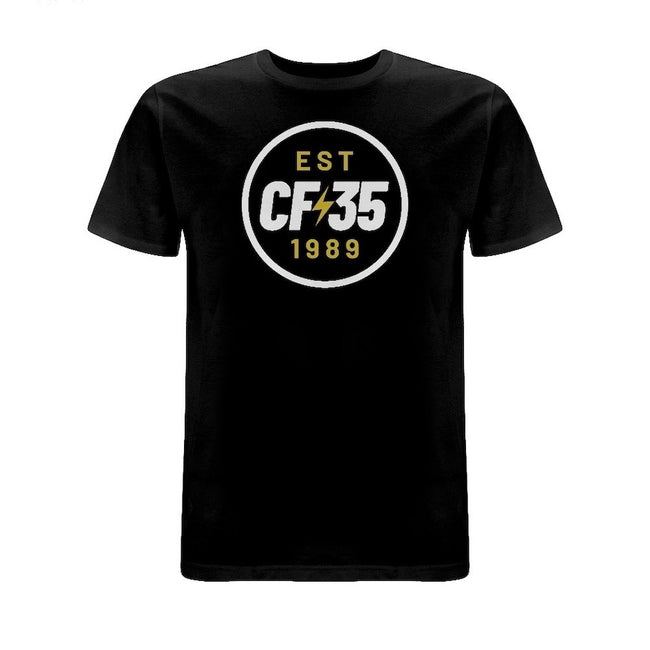 CF35 Two-colour tee. Black t-shirt with white and yellow/gold anniversary print on front. 