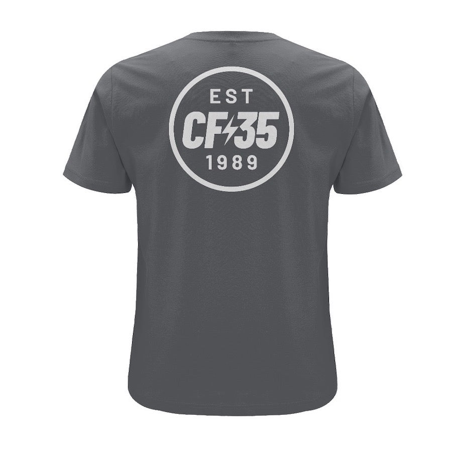 CF35 Anthracite grey t-shirt with white anniversary logo printed on front and back