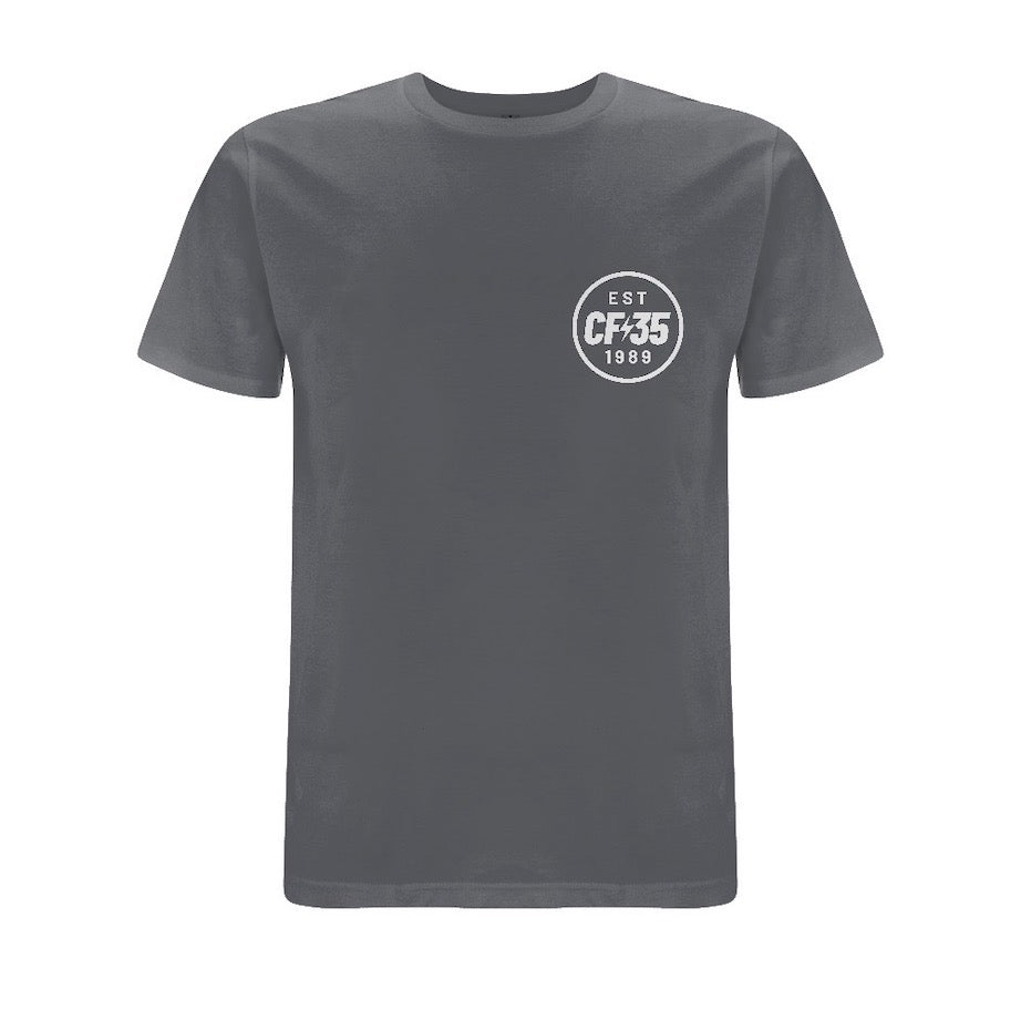 CF35 Anthracite grey t-shirt with white anniversary logo printed on front and back