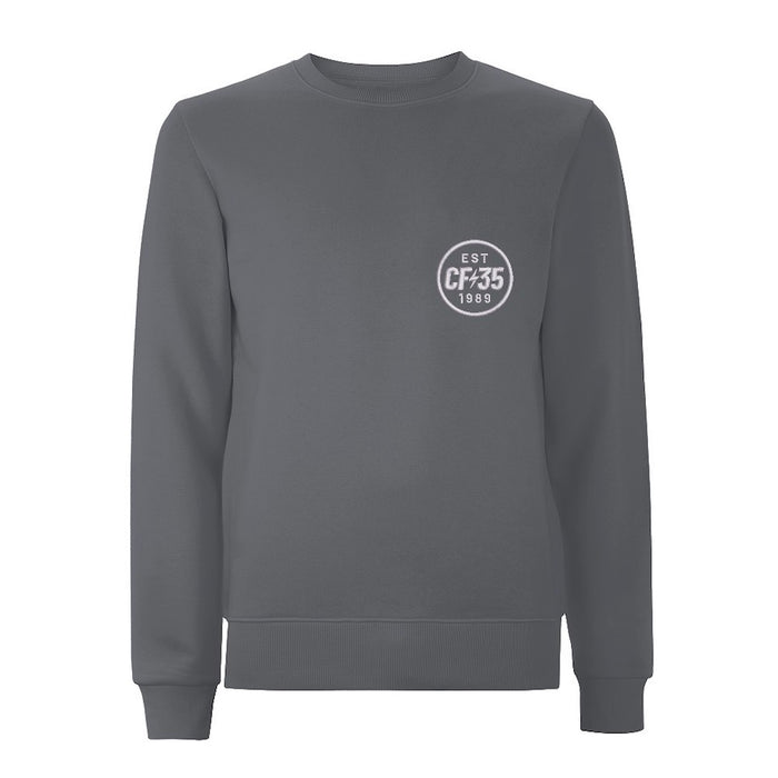 CF35 anthracite grey sweatshirt with embroidered left chest white anniversary logo.