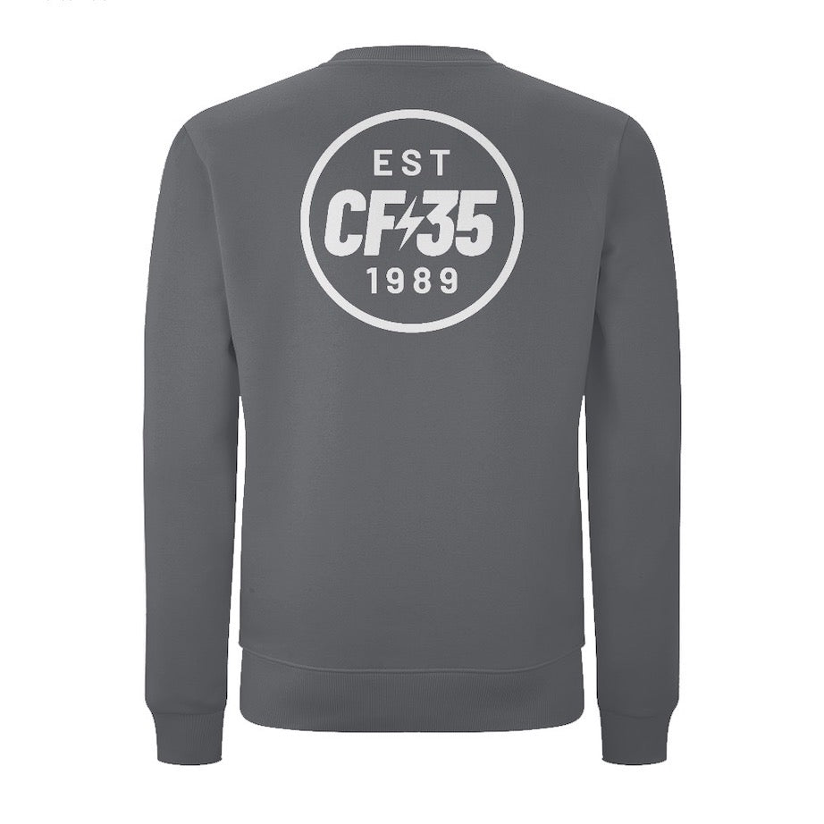 CF35 Anthracite Sweatshirt with white anniversary logo on left chest and reverse