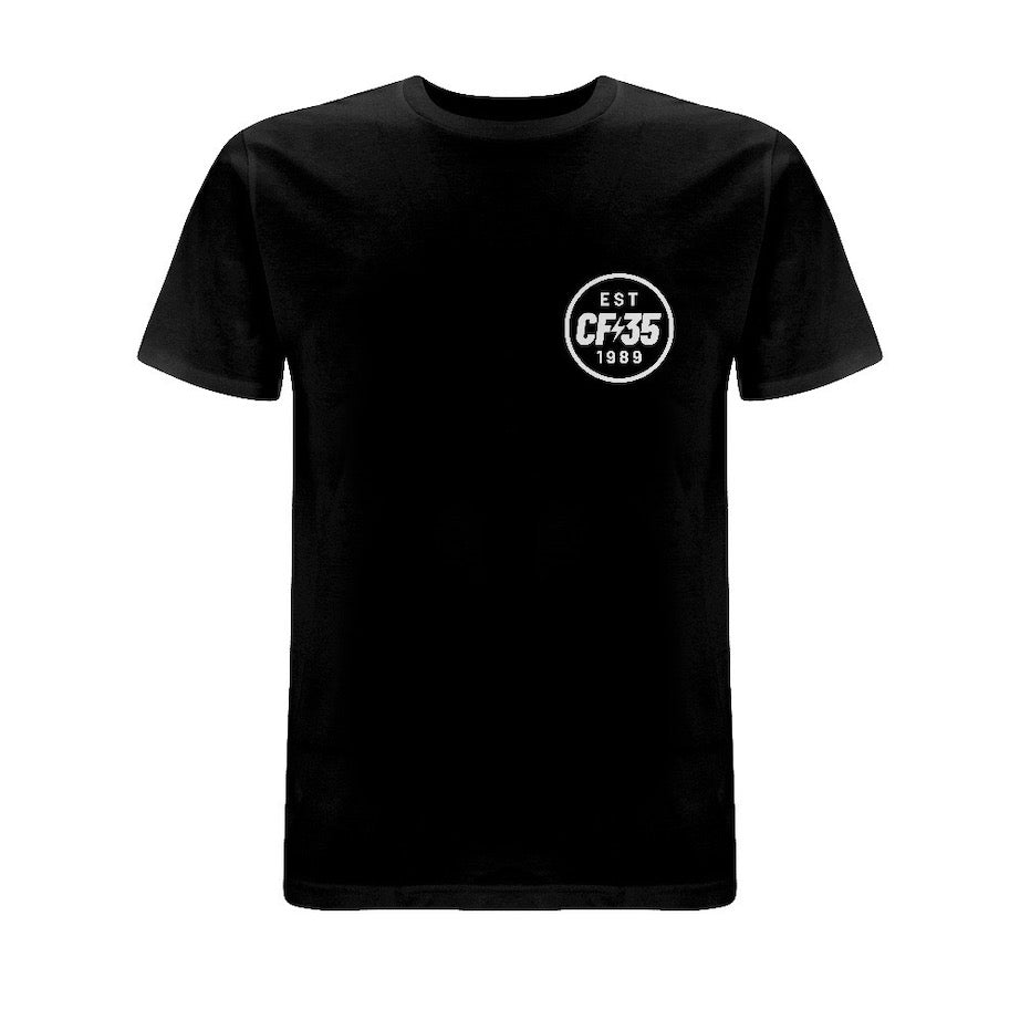 CF35 black t-shirt with white anniversary logo printed on front and back