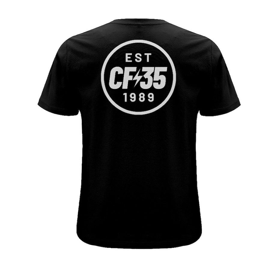 CF35 black t-shirt with white anniversary logo printed on front and back