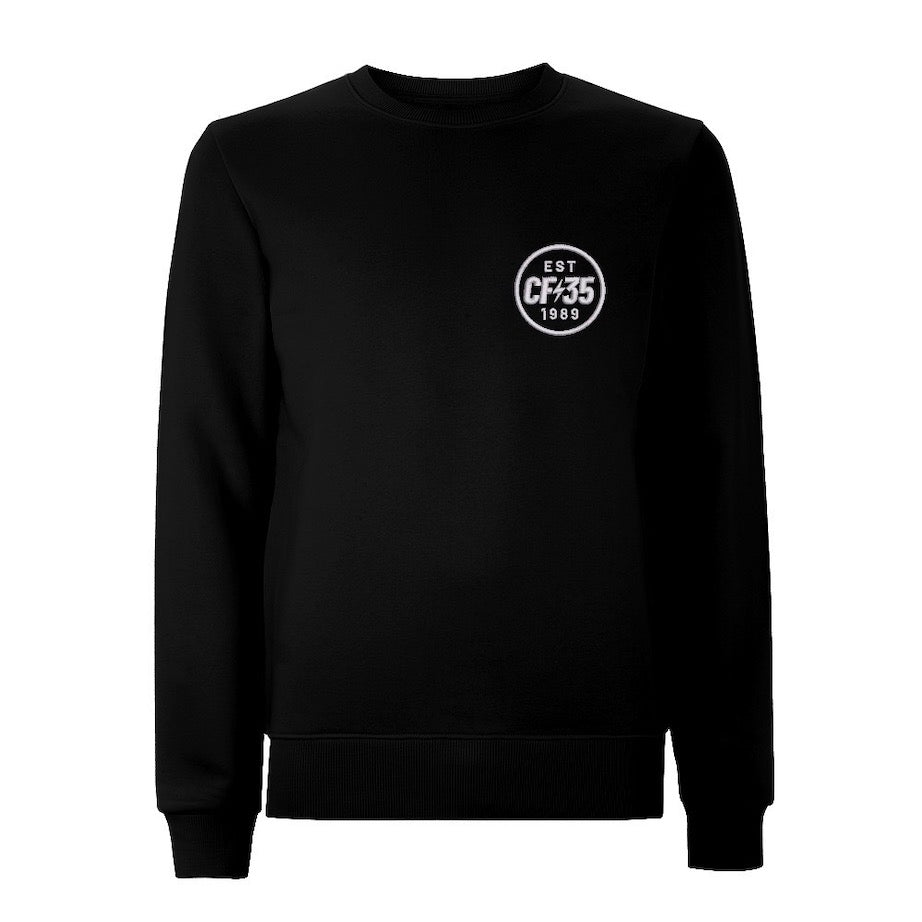 CF35 black sweatshirt with embroidered left chest white anniversary logo.