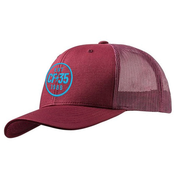 CF35 maroon trucker cap with blue CF35 embroidered logo on front.