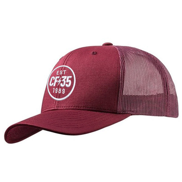 CF35 maroon trucker cap with white CF35 logo on the front
