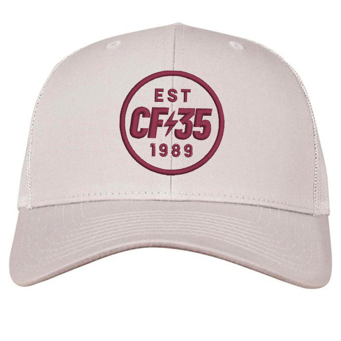 CF35 silver trucker cap with maroon CF35 embroidered logo.