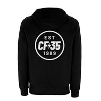 CF35 Black hoody with white anniversary logo printed on reverse