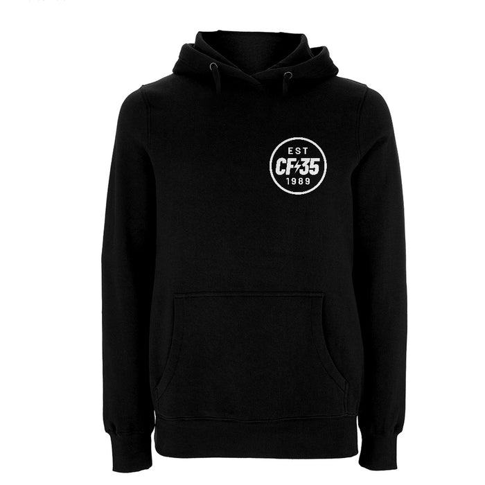 CF35 Black hoody with white anniversary logo printed on left chest