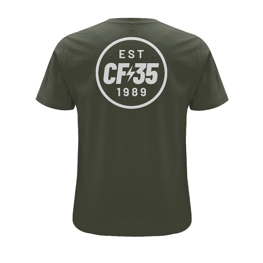 CF35 Khaki t-shirt with white anniversary logo printed on front and back