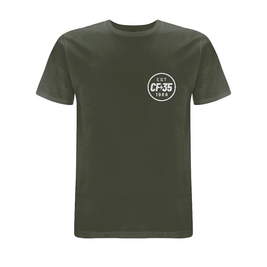 CF35 Khaki t-shirt with white anniversary logo printed on front and back