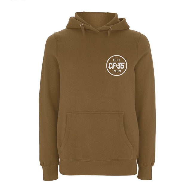 CF35 Khaki hoody with white anniversary logo printed on reverse